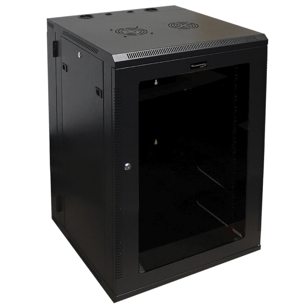 18U Wall Mount Server Cabinet Swing Out 24in Depth Tempered Glass Door Steel Black