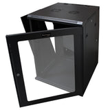 18U Wall Mount Server Cabinet Swing Out 24in Depth Tempered Glass Door Steel Black