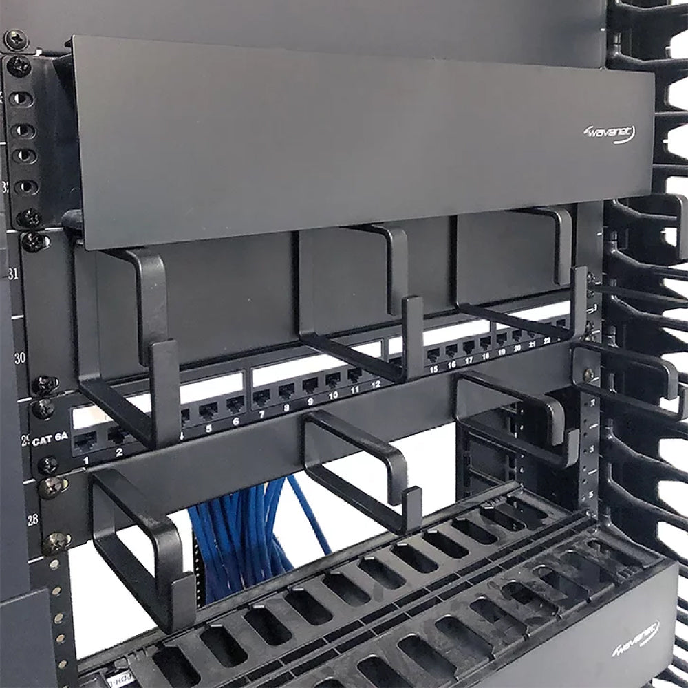 1U Horizontal Cable Manager 4 D-Ring Single-Sided Patch Cord Panel 19in EIA Rack Black