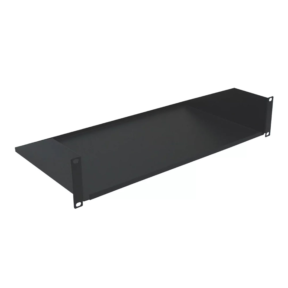 2U Rack Mount Cantilever Shelf 10in Deep Solid Bottom 16 Gauge Steel Black 50lb Capacity