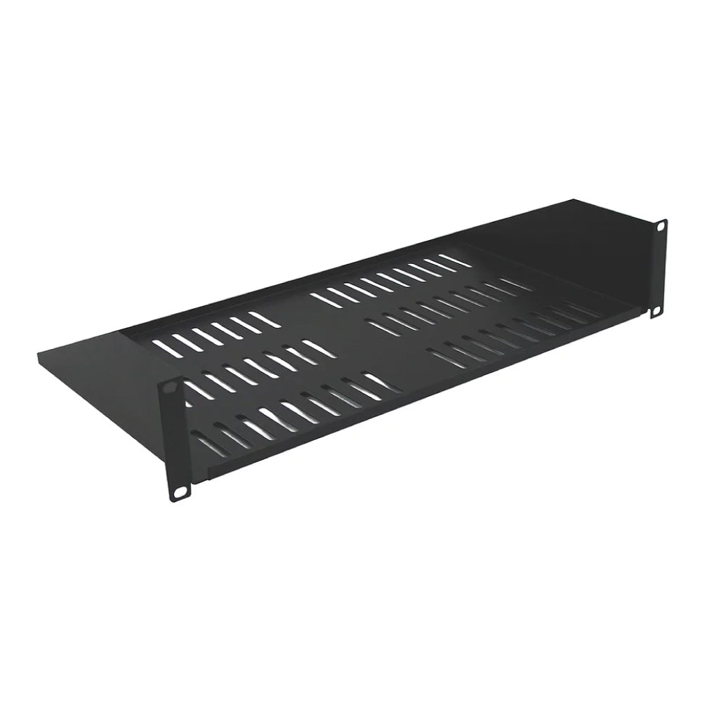 2U Vented Rack Mount Cantilever Shelf 10in Deep 16 Gauge Steel Black 50lb Capacity