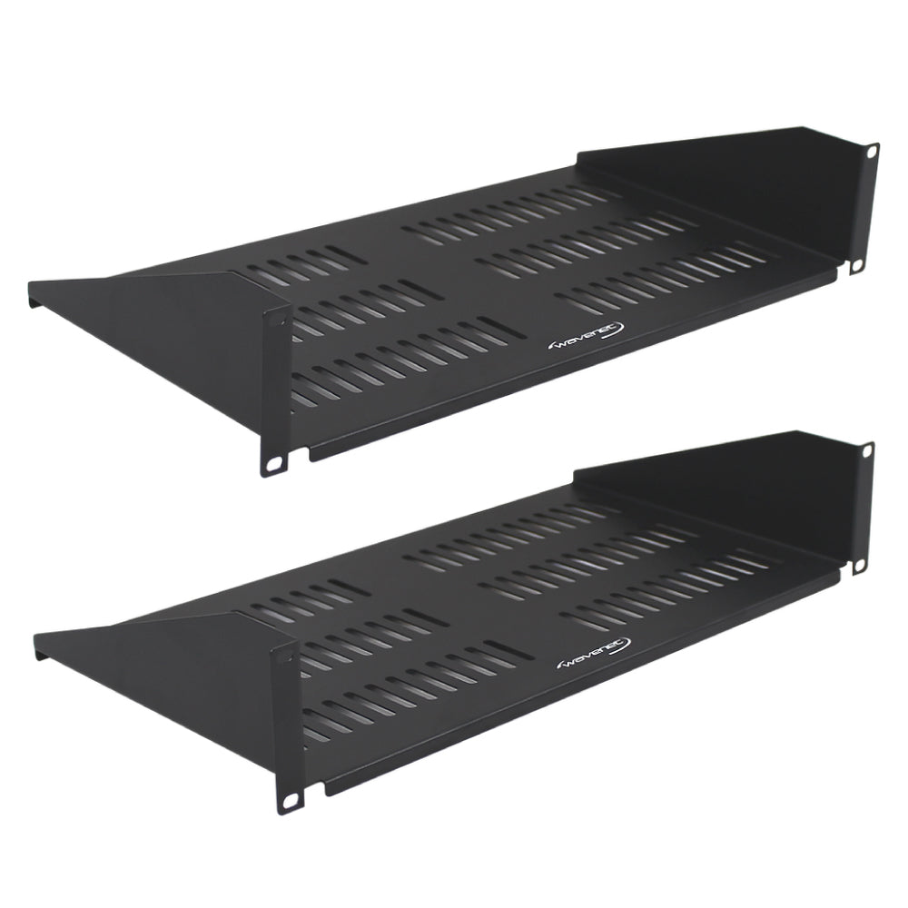 2U Vented Rack Mount Cantilever Shelf 10in Deep Steel Black 2 Pack 50lb Capacity