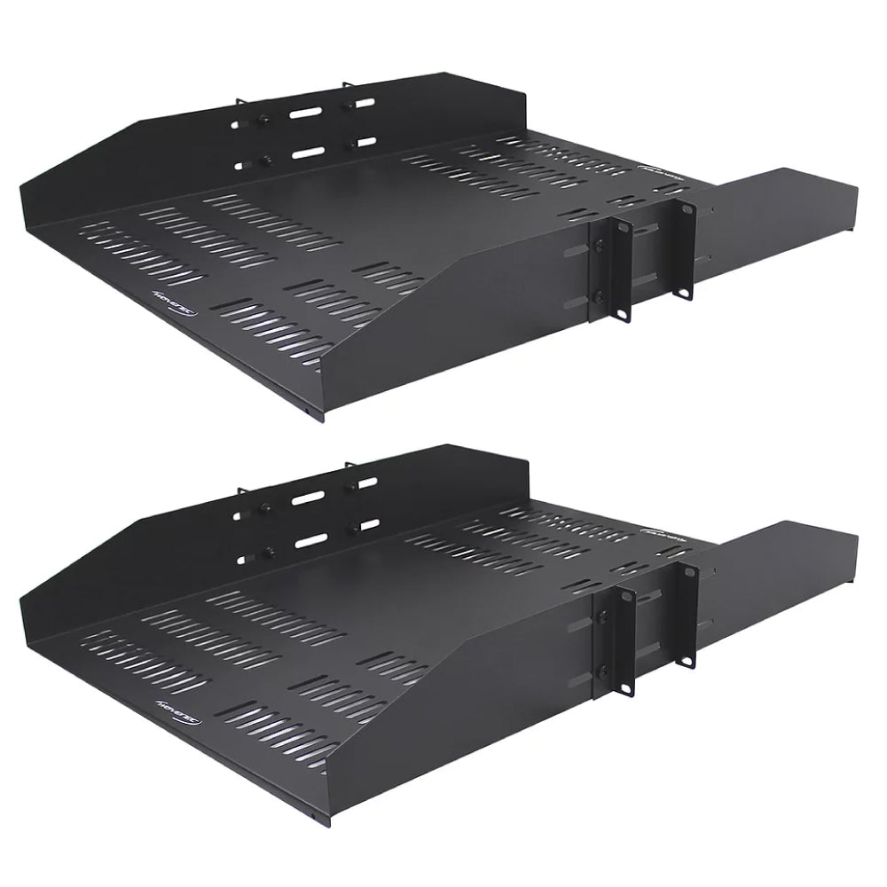 2U Double-Sided Vented Rack Mount Cantilever Shelf 25in Steel Black 2 Pack 50lb Capacity