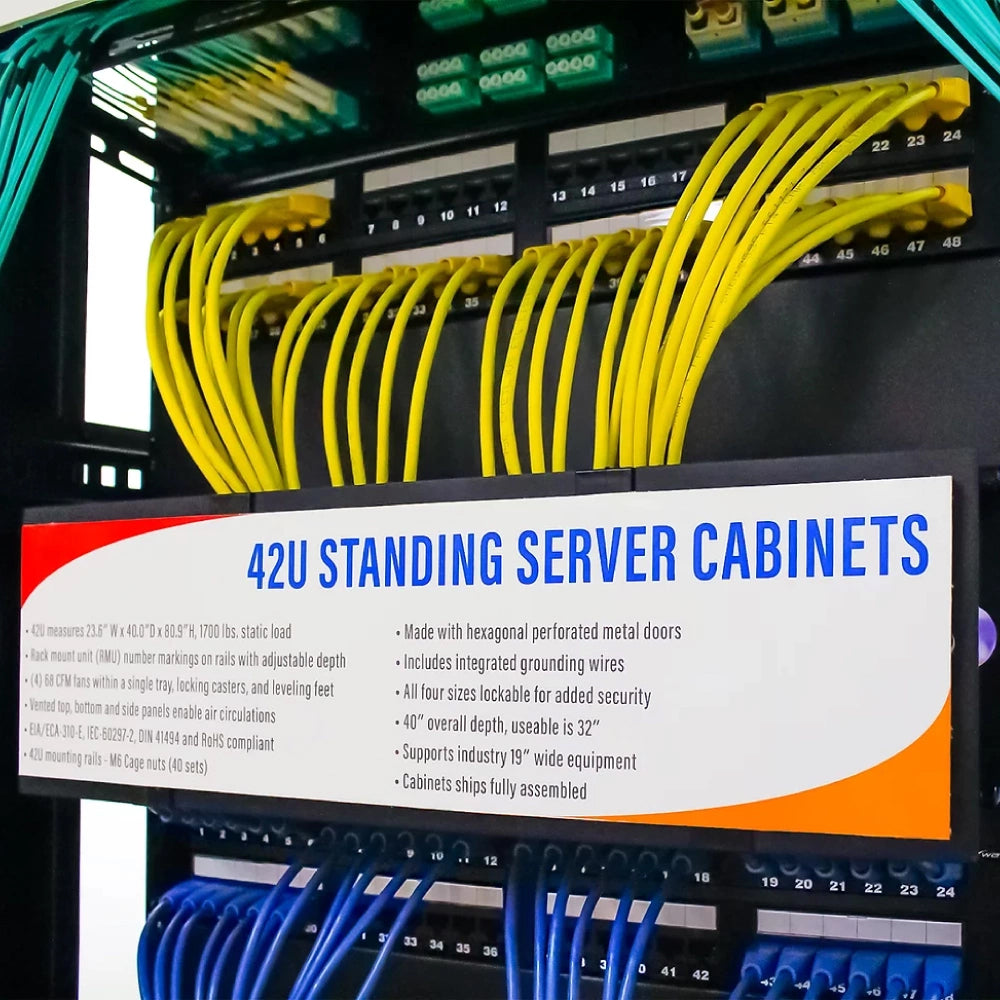42U Standing Server Rack Cabinet 32in Deep for 19in Network Equipment Casters Steel Black