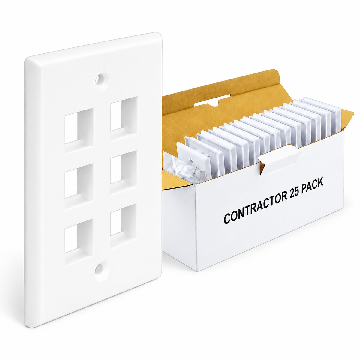 Keystone Wall Plate 1/2/3/4/6-Port Single-Gang Flush Mount, White, 25-Pack