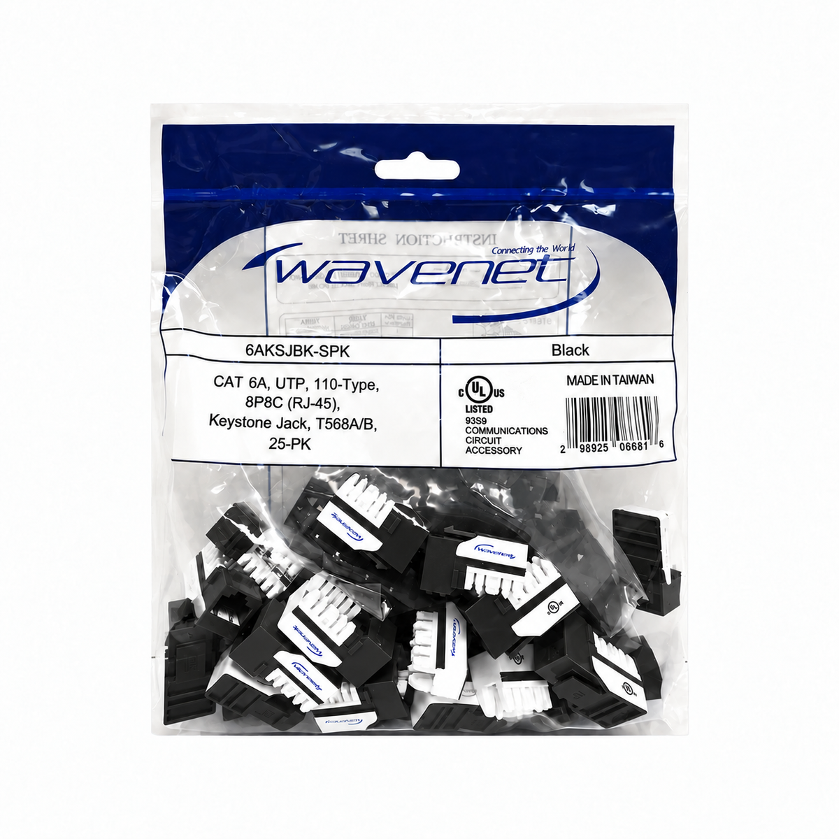 Cat6A Keystone Jack 90-Degree 25-Pack SDJ Series RJ45 110 Type for 22-24AWG Solid Wire