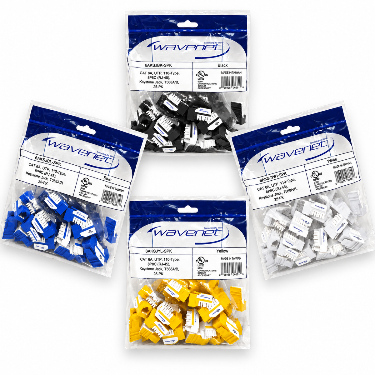 Cat6A Keystone Jack 90-Degree 25-Pack SDJ Series RJ45 110 Type for 22-24AWG Solid Wire
