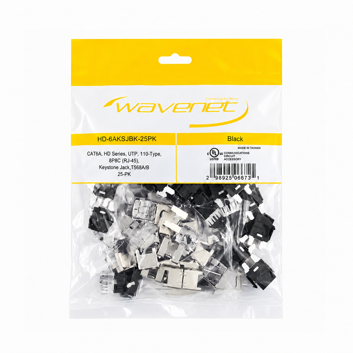 Cat6A Keystone Jack 180-Degree 25-Pack HDJ Series  RJ45 110 Type for 22-24AWG Solid Wire