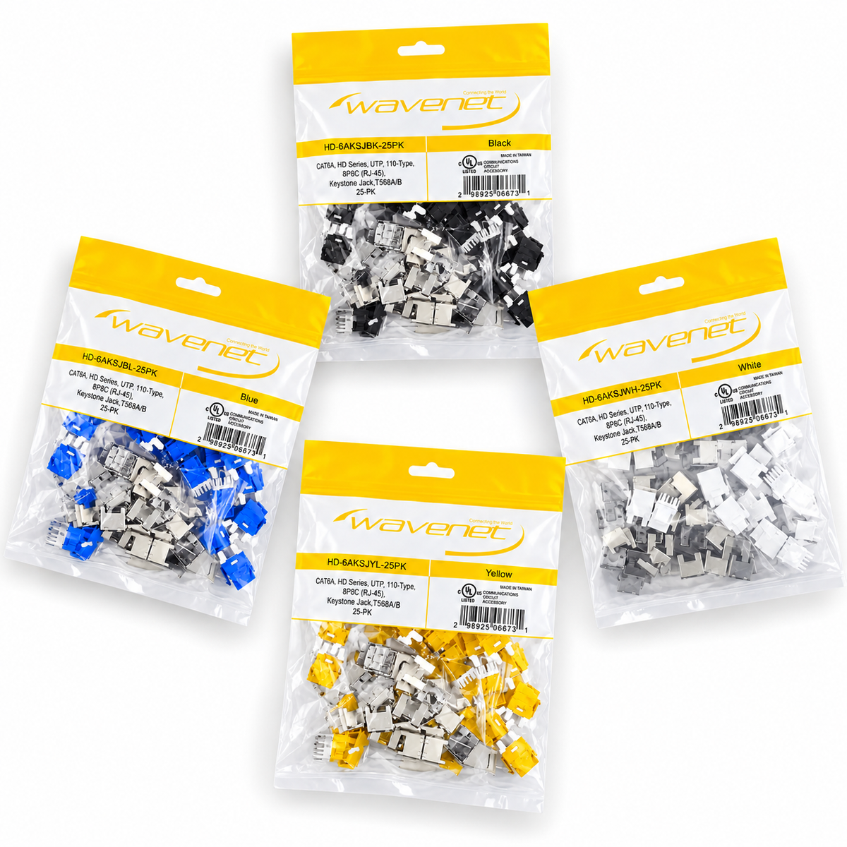 Cat6A Keystone Jack 180-Degree 25-Pack HDJ Series  RJ45 110 Type for 22-24AWG Solid Wire