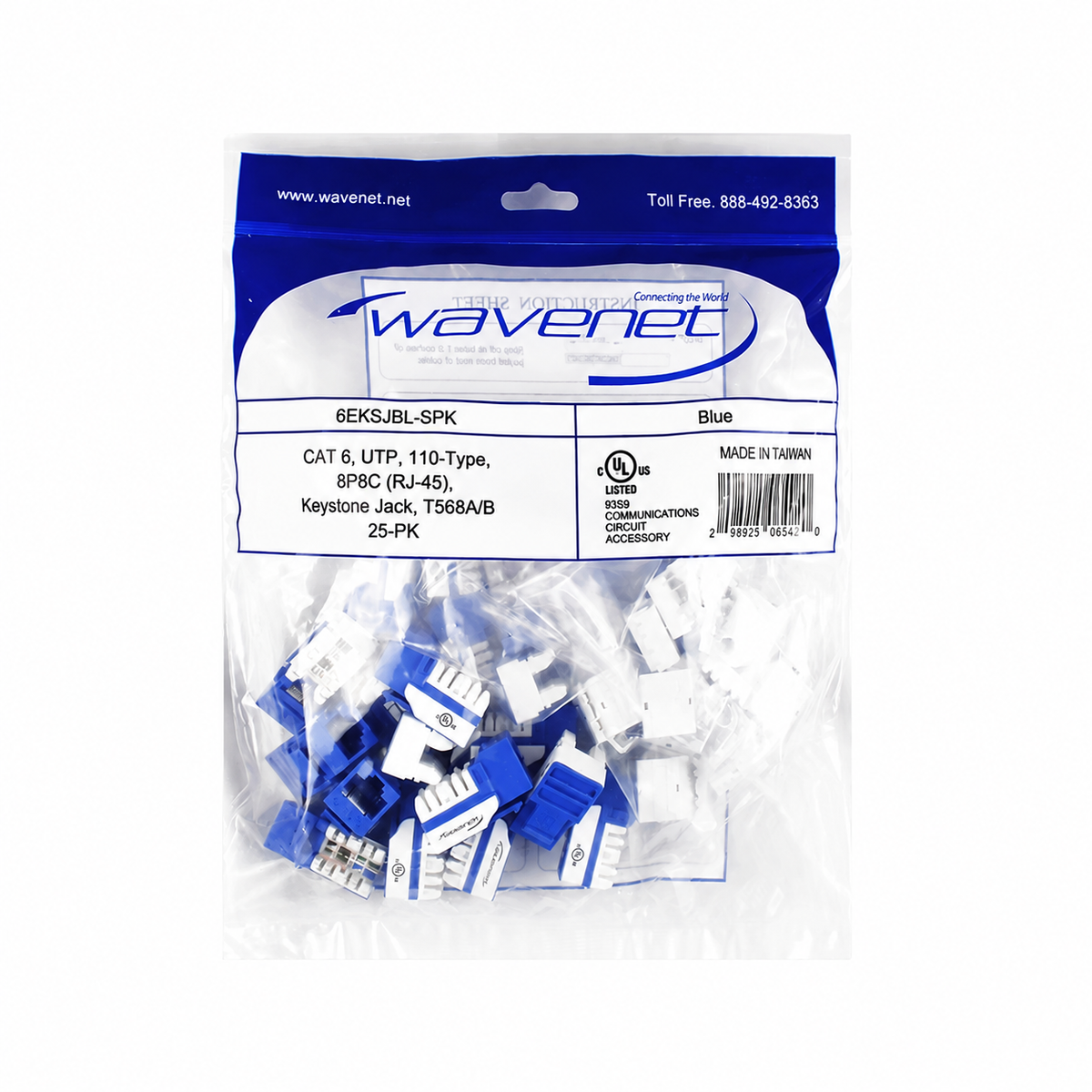 Cat6 Keystone Jack 90-Degree 25-Pack SDJ Series RJ45 110 Type for 22-24AWG Solid Wire