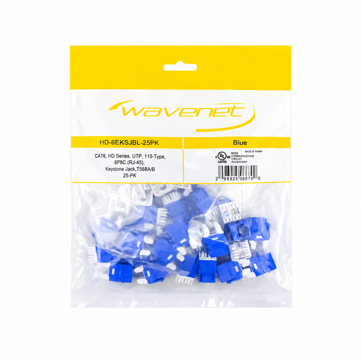 Cat6 Keystone Jack 180-Degree 25-Pack HDJ Series  RJ45 110 Type for 22-24AWG Solid Wire