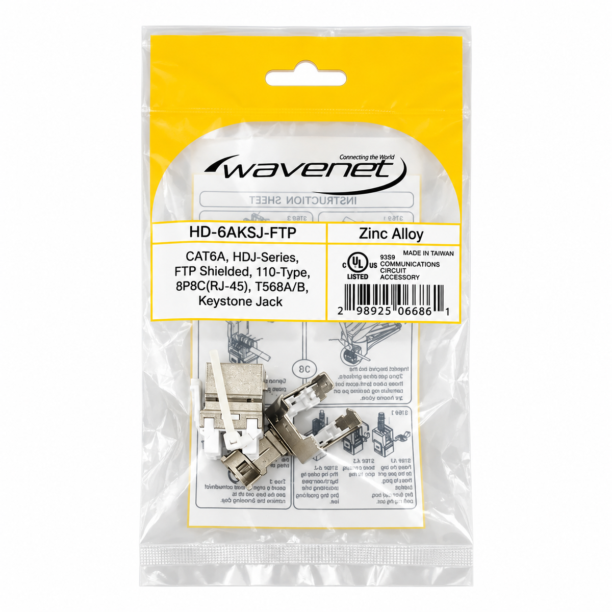 Cat6A Shielded Keystone Jack 180-Degree HDJ Series RJ45 F/UTP 110 Punchdown for 22-24AWG Wire