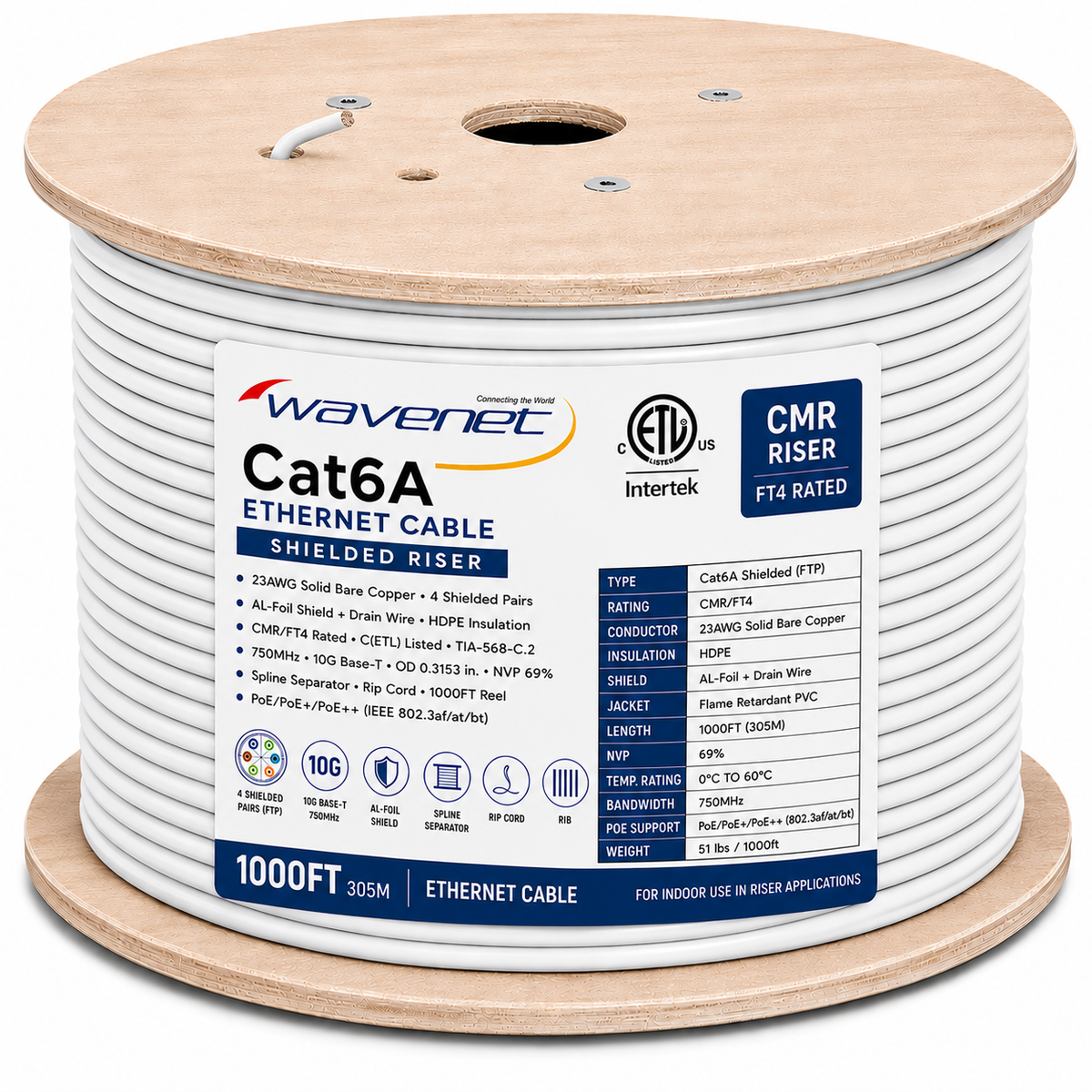 Cat6A Shielded Riser Ethernet Cable 1000ft 23AWG Solid Bare Copper 750MHz PoE++ ETL Listed
