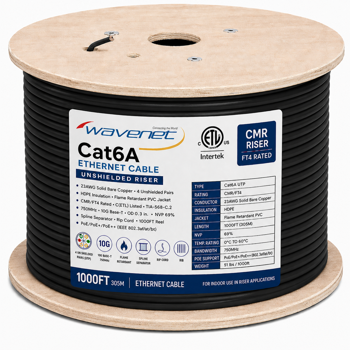 Cat6A Riser Ethernet Cable 1000ft 23AWG Solid Bare Copper 750MHz CMR PoE++ ETL Listed