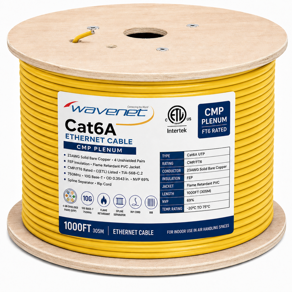 Cat6A Plenum Ethernet Cable 1000ft 23AWG Solid Bare Copper 750MHz CMP PoE++ ETL Listed