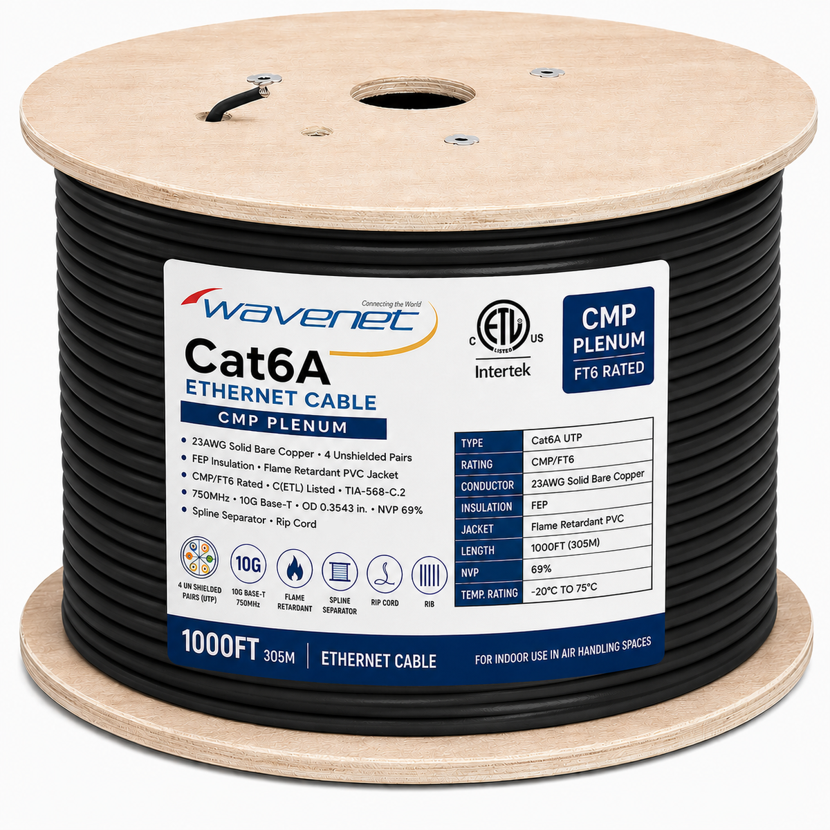 Cat6A Plenum Ethernet Cable 1000ft 23AWG Solid Bare Copper 750MHz CMP PoE++ ETL Listed