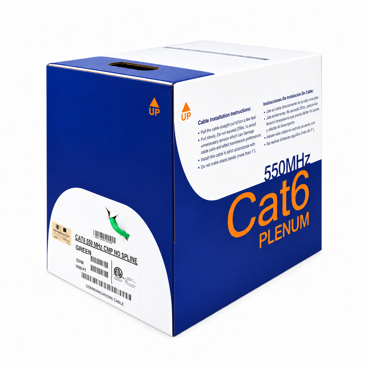 Cat6 Ethernet Cable CMP Plenum 23AWG Solid Bare Copper No Spline UTP 550MHz 1000ft