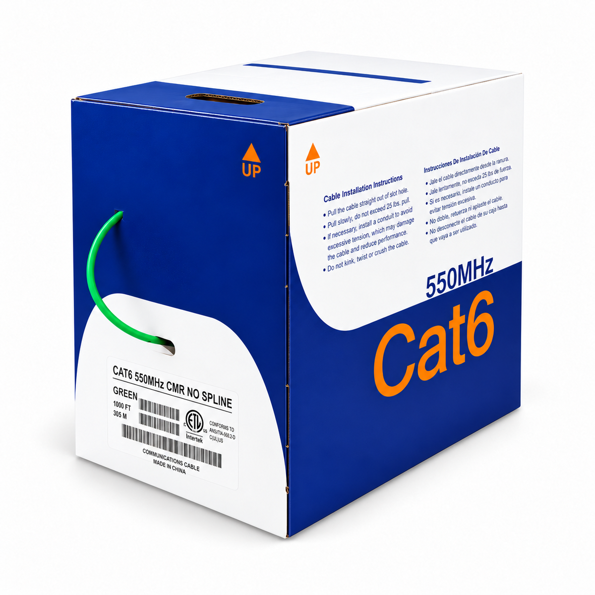 Cat6 Ethernet Cable CMR Riser 23AWG Solid Bare Copper No Spline UTP 550MHz 1000ft