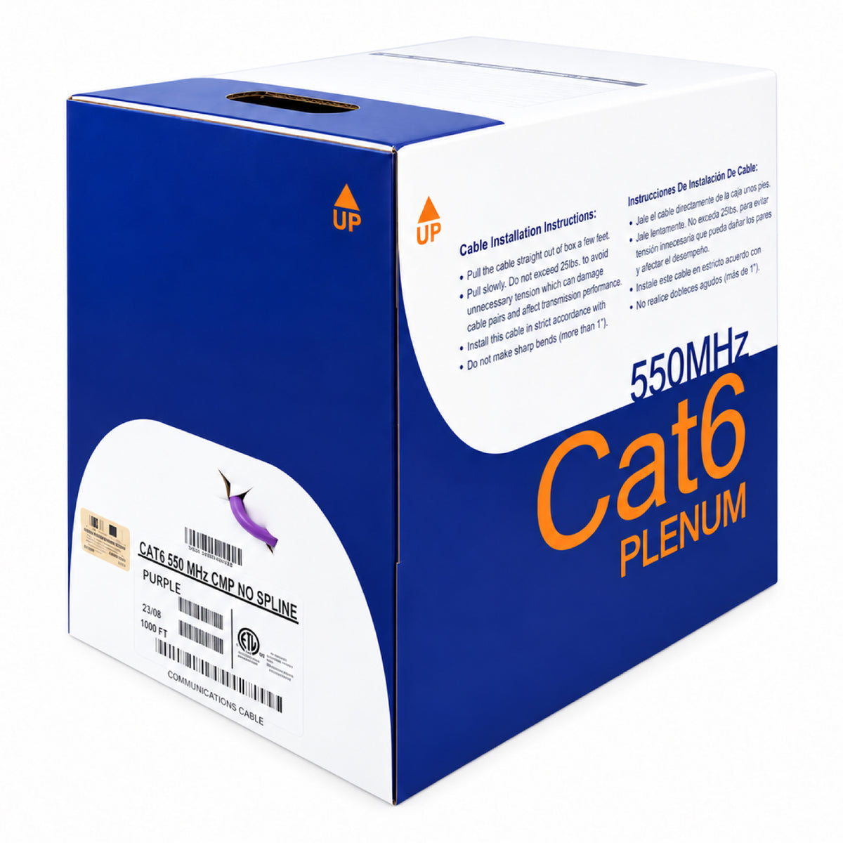Cat6 Ethernet Cable CMP Plenum 23AWG Solid Bare Copper No Spline UTP 550MHz 1000ft