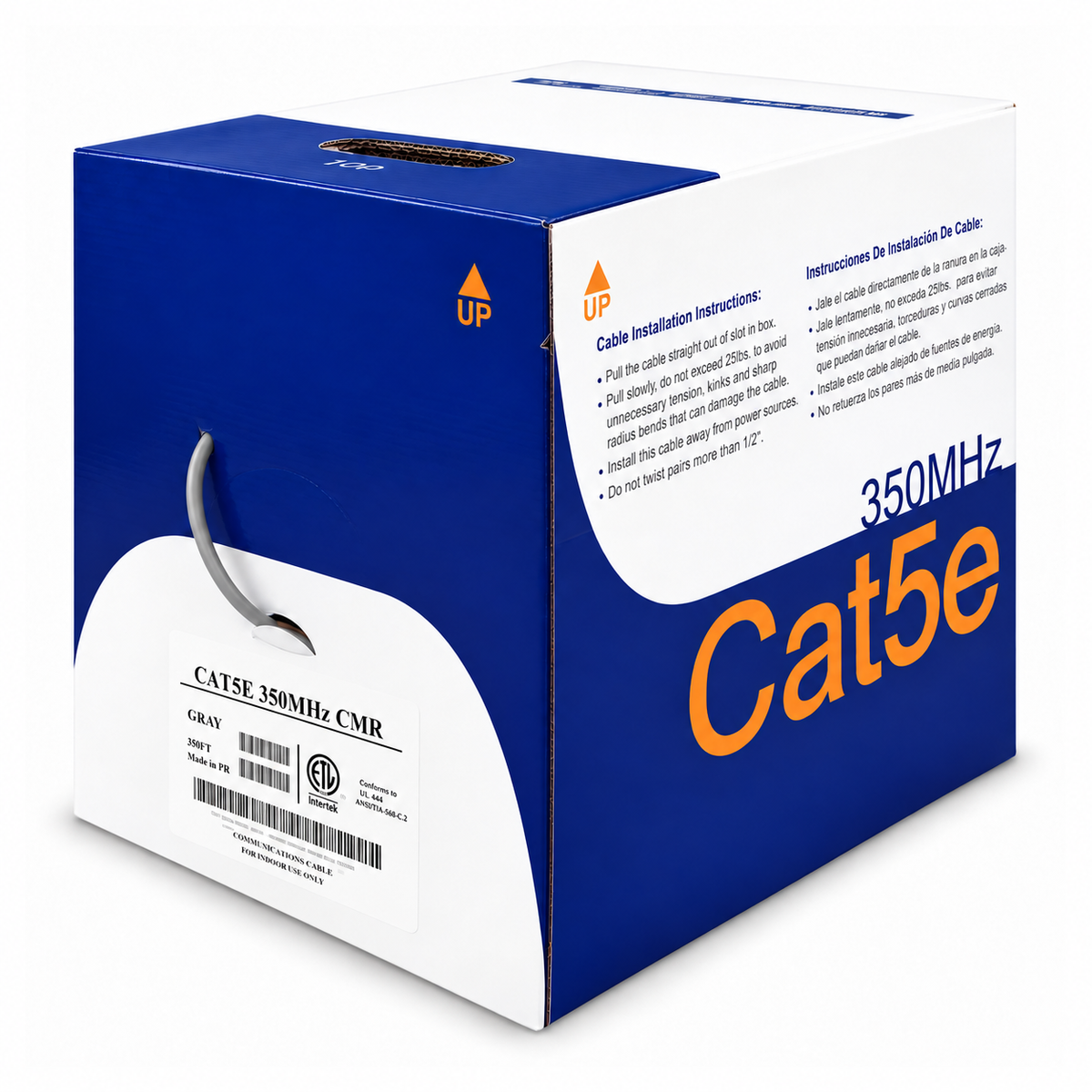Cat5e Riser Ethernet Cable 1000ft 24AWG Solid Bare Copper 350MHz CMR ETL Listed