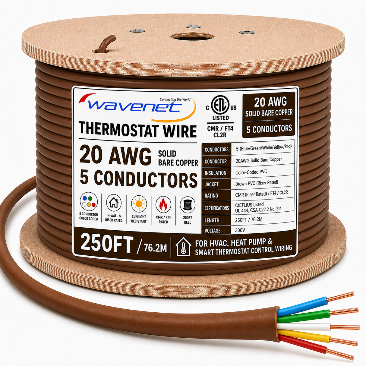 Thermostat Wire 20AWG Solid Bare Copper CMR CL2R Brown 2 5 6 8 Conductors